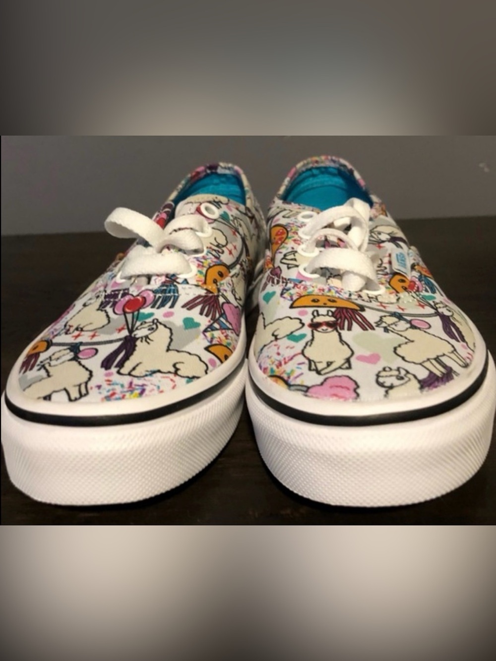 Vans Kids Cream Canvas Sneakers with Teal Insole and Multicolor Llama Print S5